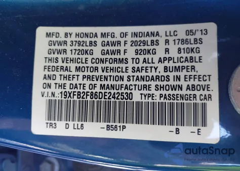2013 Honda Civic Ex z USA, uszkodzony, nr VIN 19XFB2F86DE242530